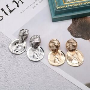 Clip on 1 3/4" gold wrinkled and hammered dangle circle earrings